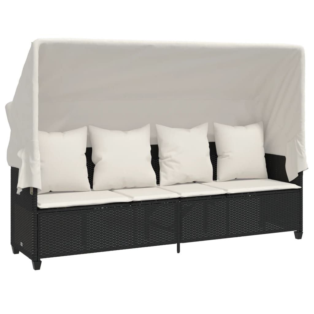 Sonnenliege mit Dach und Kissen Schwarz Poly Rattan