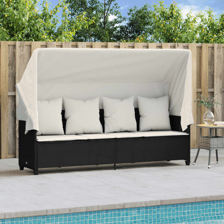 Sonnenliege mit Dach und Kissen Schwarz Poly Rattan