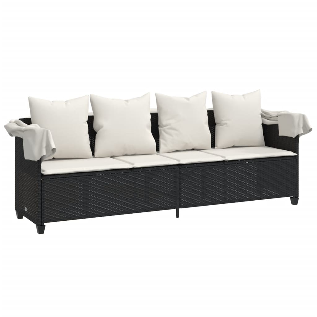 Sonnenliege mit Dach und Kissen Schwarz Poly Rattan