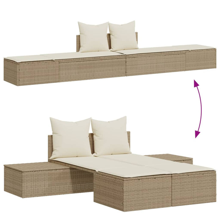 Doppel-Sonnenliege mit Auflagen Beige Poly Rattan