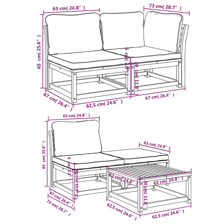 5 uds. Conjunto de salón de jardín con cojines de madera maciza de acacia.