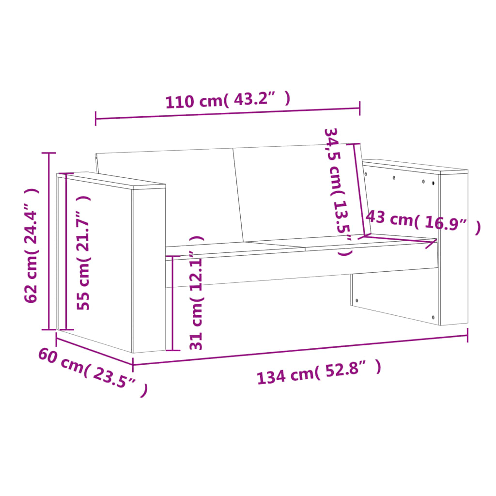 Sofá de jardín 2 plazas 134x60x62 cm madera maciza de pino