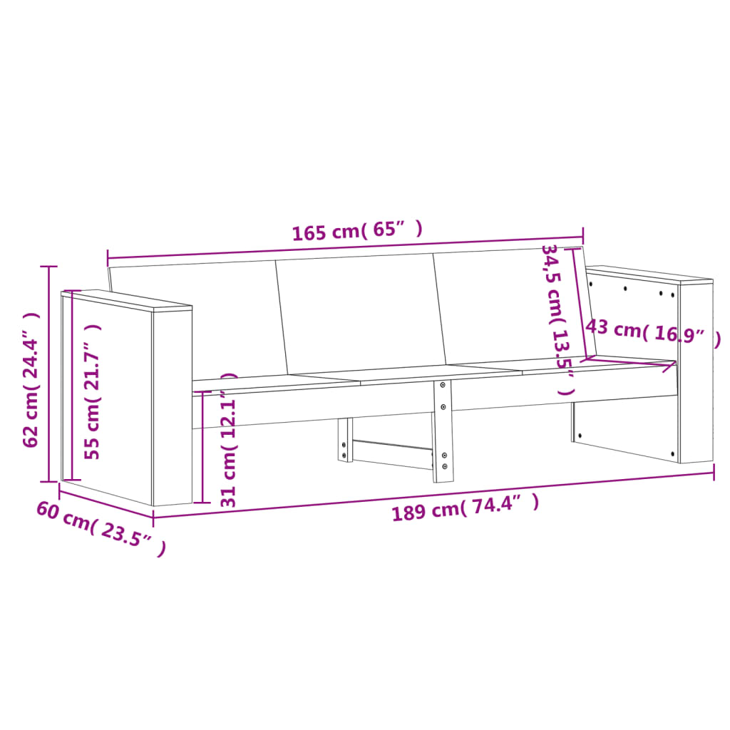 Gartensofa 3-Sitzer 189x60x62 cm Massivholz Douglasie