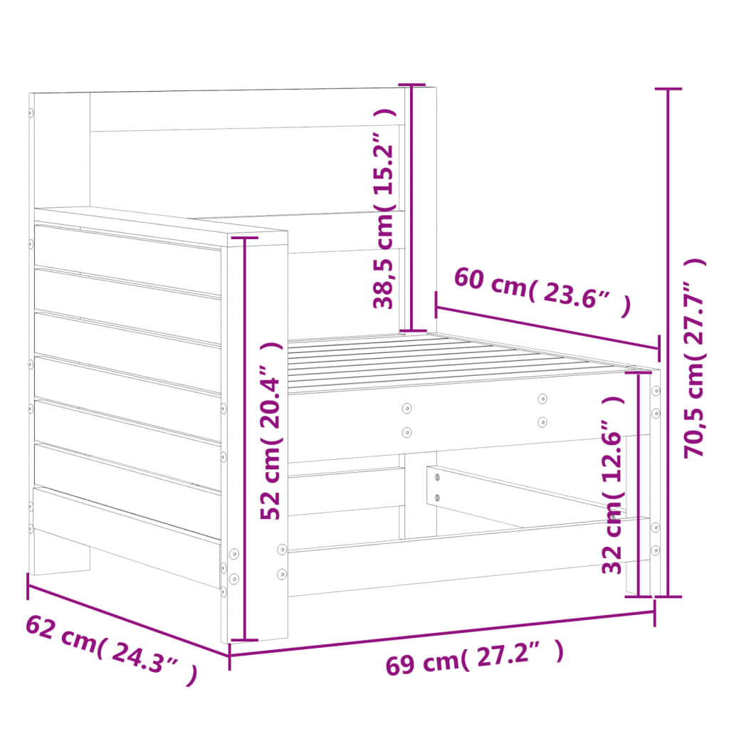 Sofá de jardín con reposabrazos 69x62x70,5 cm madera maciza de pino