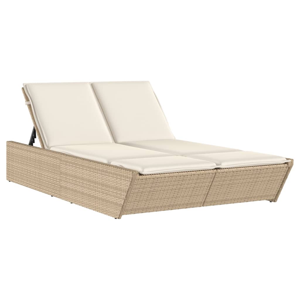 Doppel-Sonnenliege mit Auflagen Beige Poly Rattan