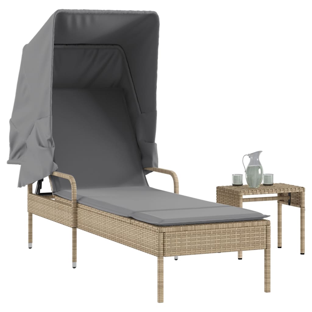 Sonnenliege mit Dach und Tisch Beige Poly Rattan