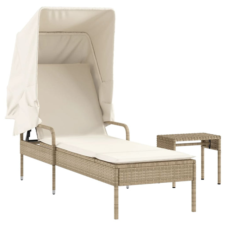 Sonnenliege mit Dach und Tisch Beige Poly Rattan