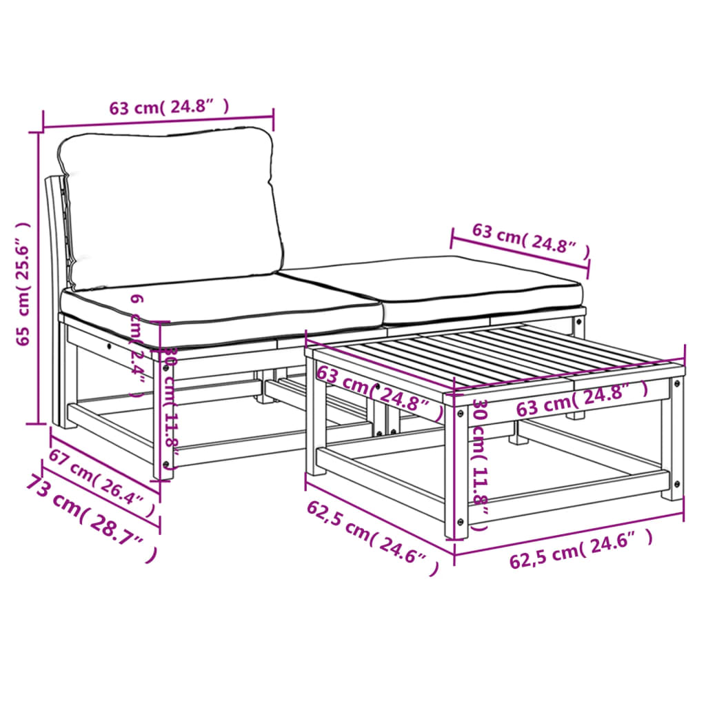 3-tlg. Garten-Lounge-Set mit Kissen Massivholz Akazie