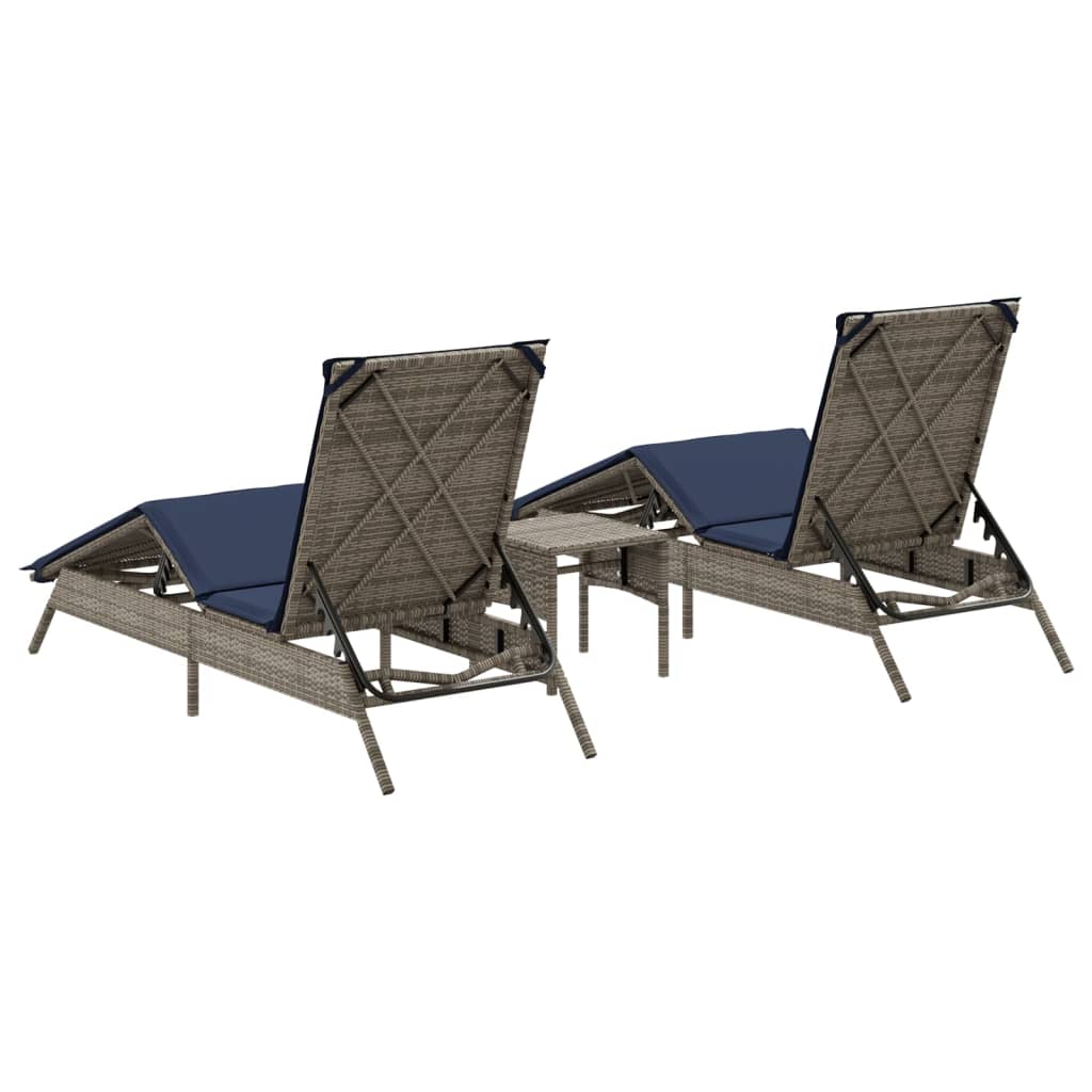 Sonnenliegen 2 Stk. mit Tisch Grau Poly Rattan