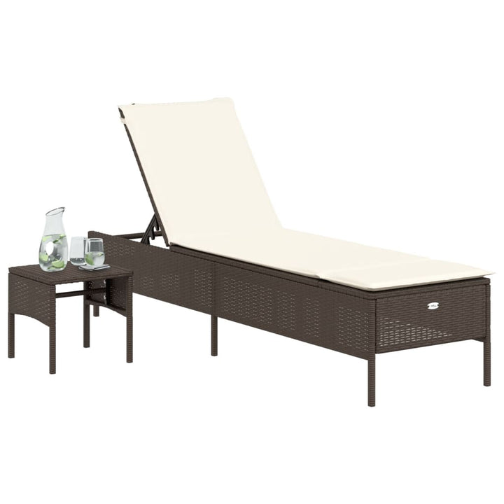 Sonnenliege mit Tisch und Auflage Braun Poly Rattan