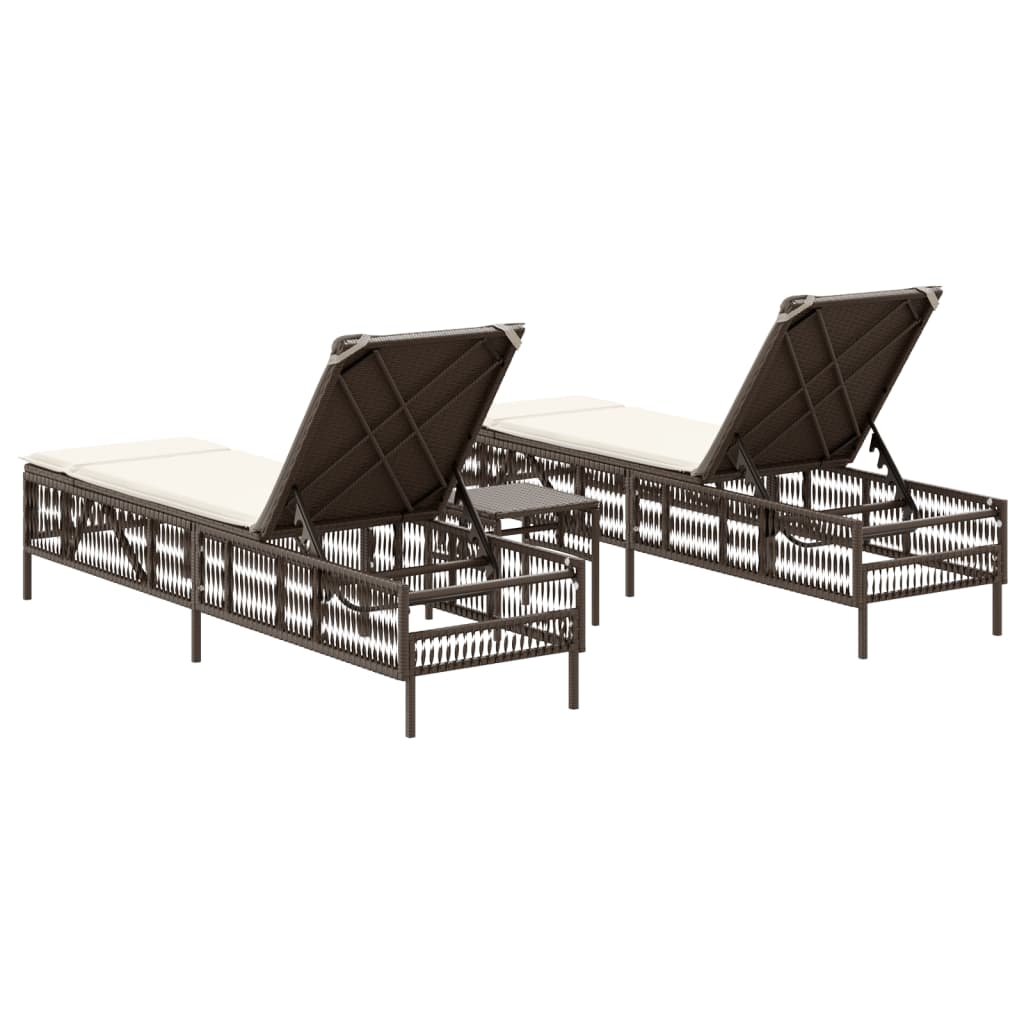 Sonnenliegen 2 Stk. mit Tisch Braun Poly Rattan