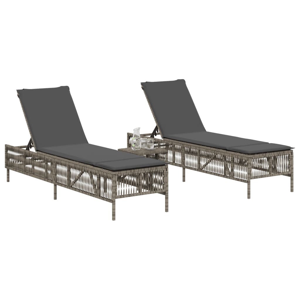 Sonnenliegen 2 Stk. mit Tisch Grau Poly Rattan