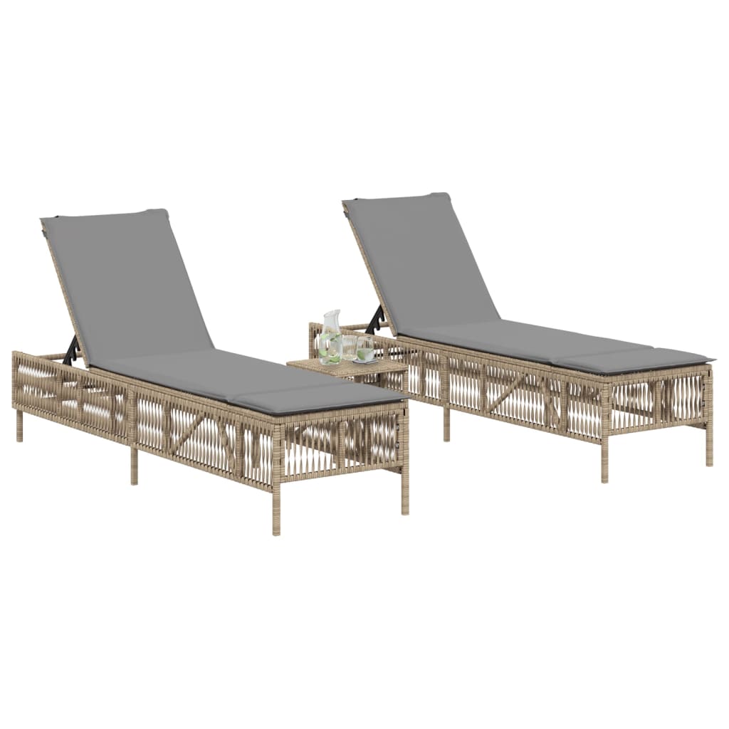 Sonnenliegen 2 Stk. mit Tisch Beige Poly Rattan