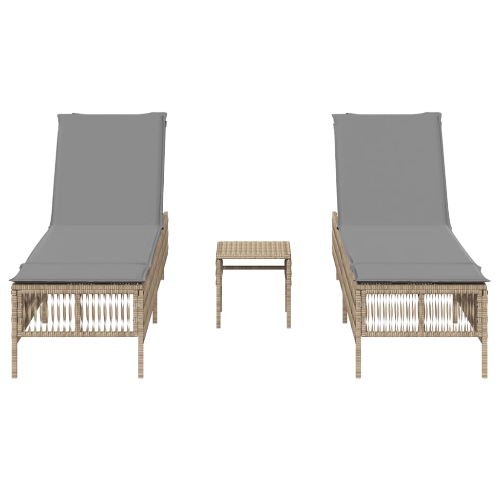 Sonnenliegen 2 Stk. mit Tisch Beige Poly Rattan