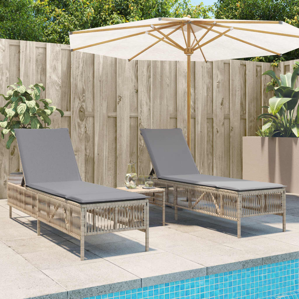 Sonnenliegen 2 Stk. mit Tisch Beige Poly Rattan