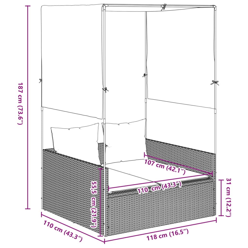 Doppel-Sonnenliege mit Dach und Vorhängen Braun Poly Rattan