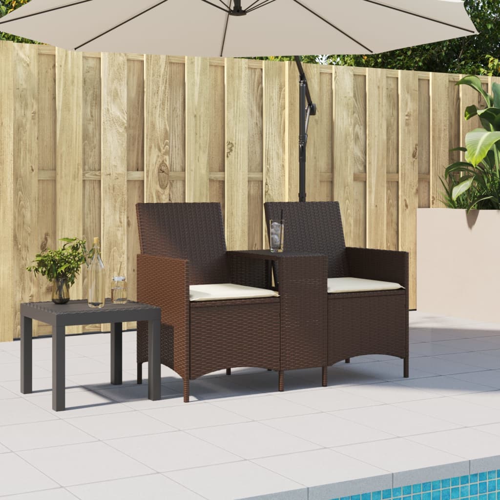 Gartensofa 2-Sitzer mit Tisch und Kissen Braun Poly Rattan