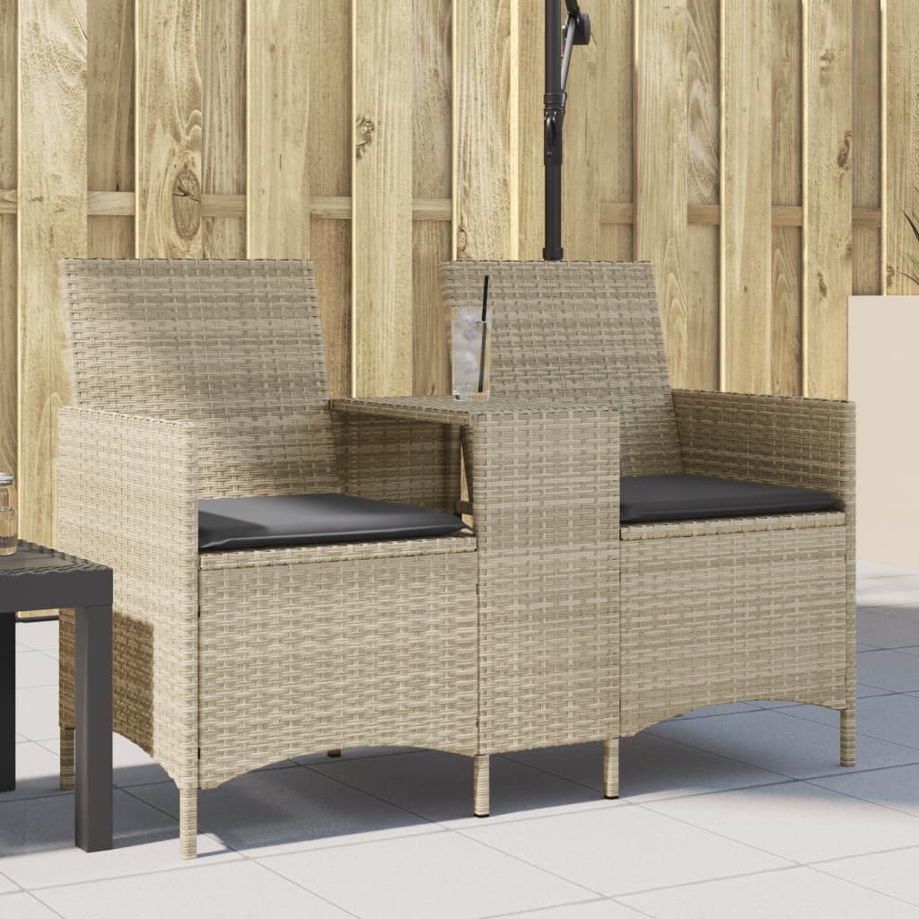 Gartensofa 2-Sitzer mit Tisch und Kissen Hellgrau Poly Rattan