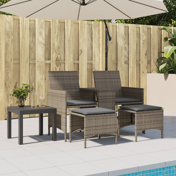 Gartensofa 2-Sitzer mit Tisch und Hockern Grau Poly Rattan