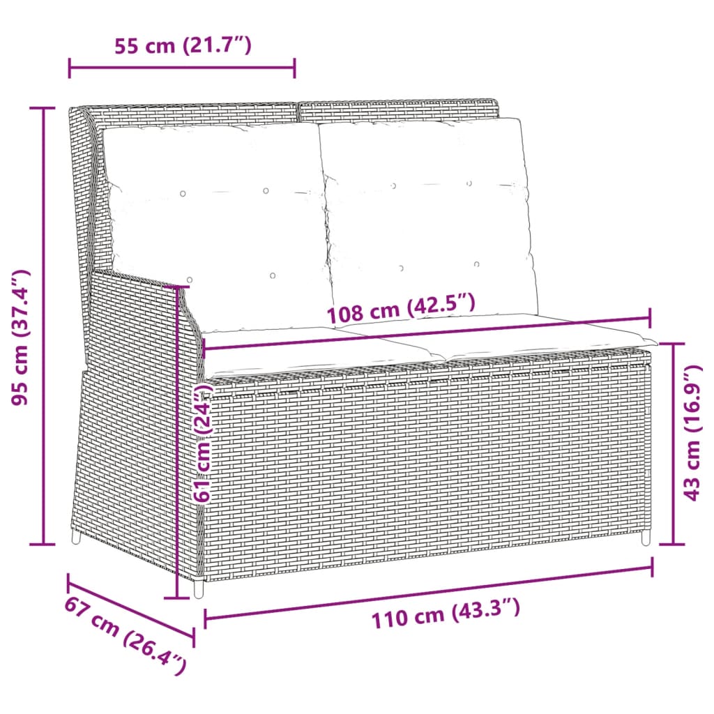 Gartenbank Verstellbar mit Kissen Grau Poly Rattan