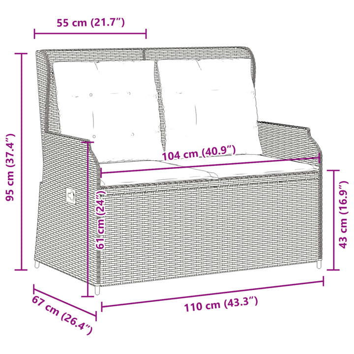 Gartenbank Verstellbar mit Kissen Grau Poly Rattan