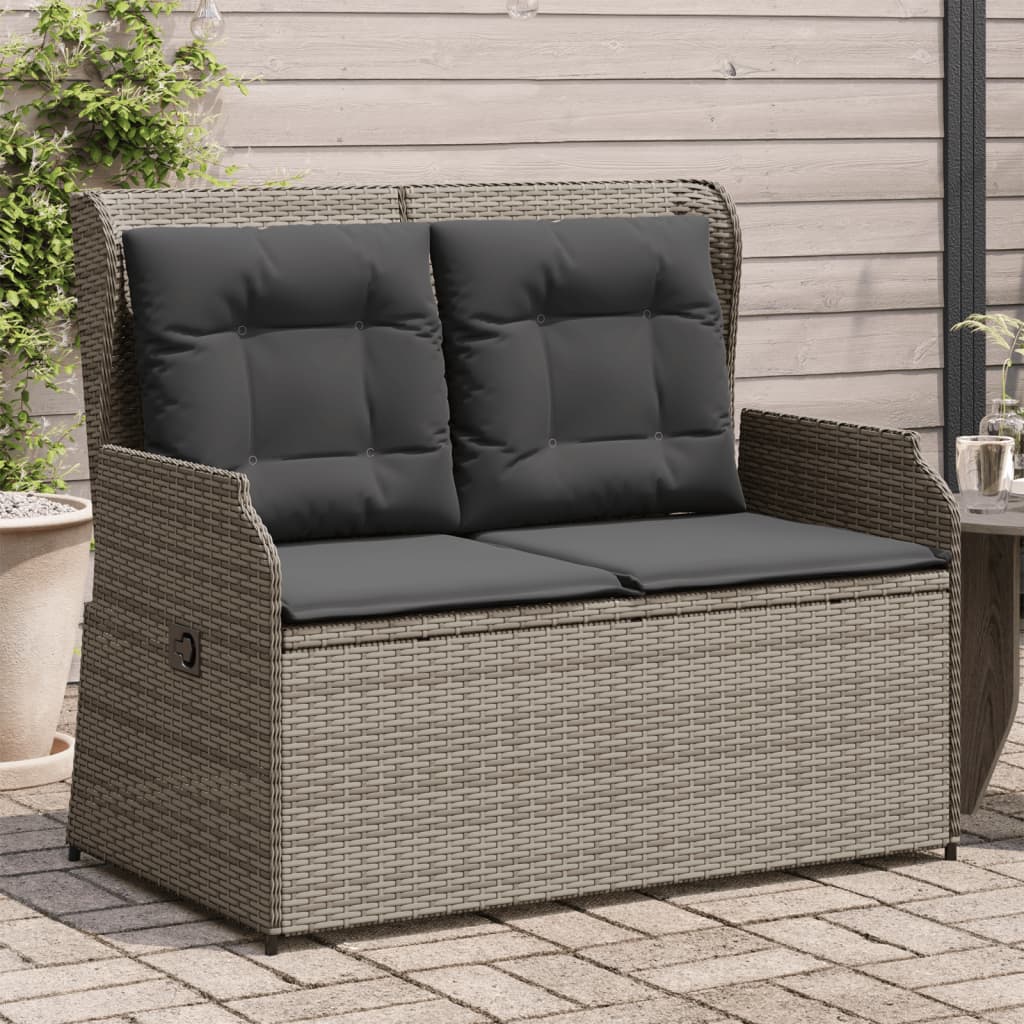 Gartenbank Verstellbar mit Kissen Grau Poly Rattan