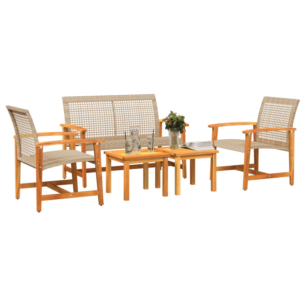 5-tlg. Garten-Lounge-Set Beige Poly Rattan und Akazienholz