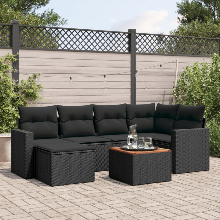 7-tlg. Garten-Sofagarnitur mit Kissen Schwarz Poly Rattan