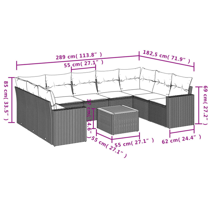 10-tlg. Garten-Sofagarnitur mit Kissen Grau Poly Rattan