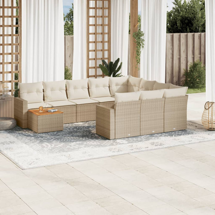 11-tlg. Garten-Sofagarnitur mit Kissen Beige Poly Rattan