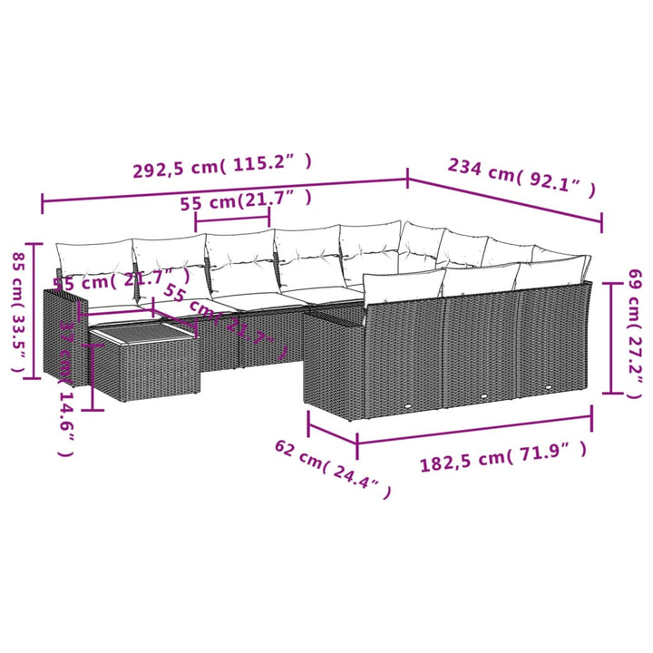 11-tlg. Garten-Sofagarnitur mit Kissen Grau Poly Rattan