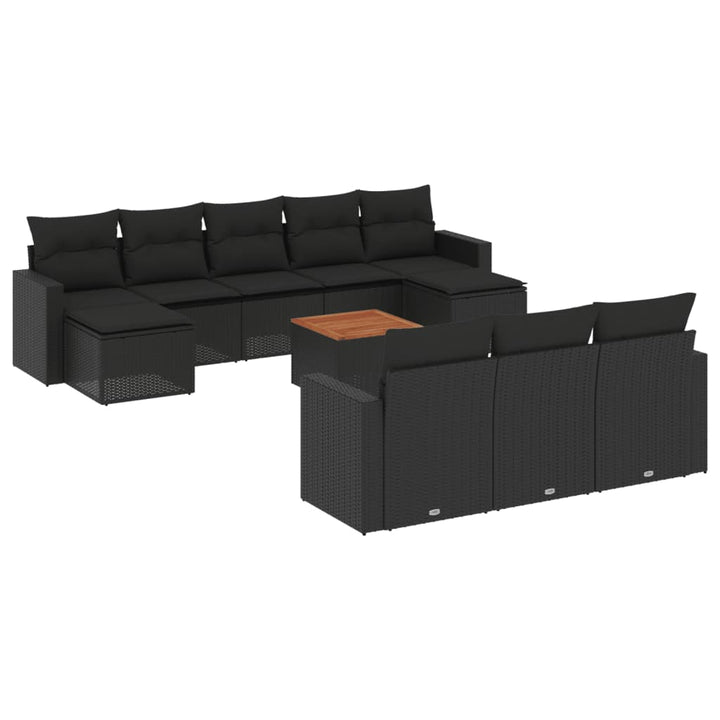 11-tlg. Garten-Sofagarnitur mit Kissen Schwarz Poly Rattan