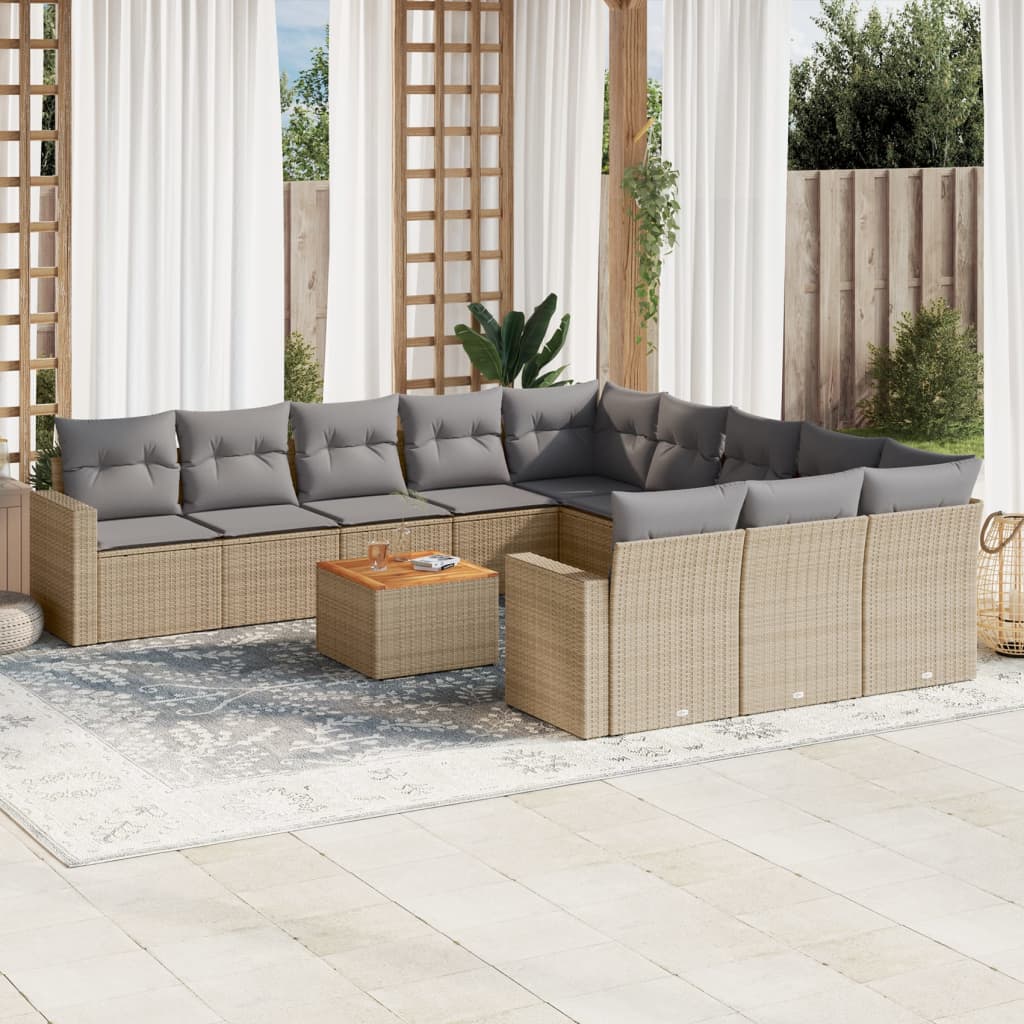 12-tlg. Garten-Sofagarnitur mit Kissen Beige Poly Rattan