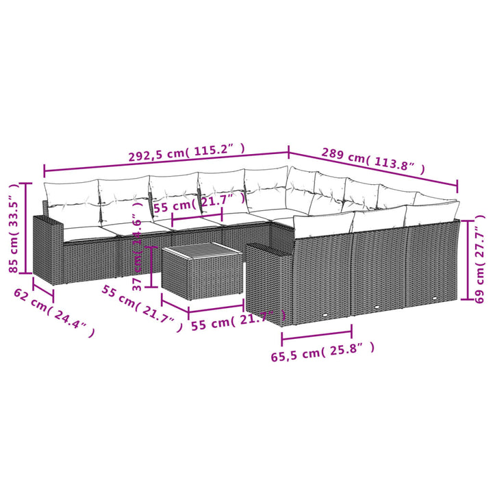 12-tlg. Garten-Sofagarnitur mit Kissen Grau Poly Rattan