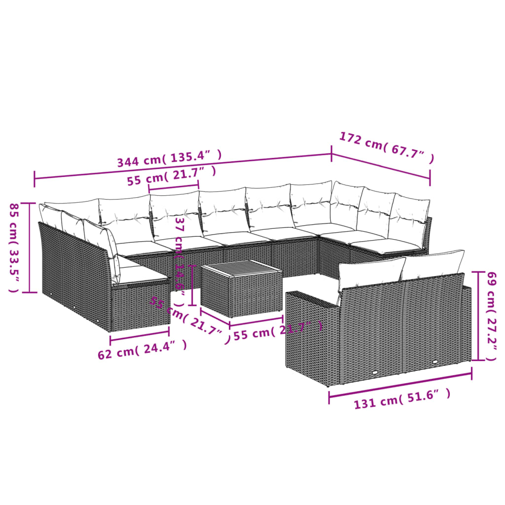 13-tlg. Garten-Sofagarnitur mit Kissen Beige Poly Rattan