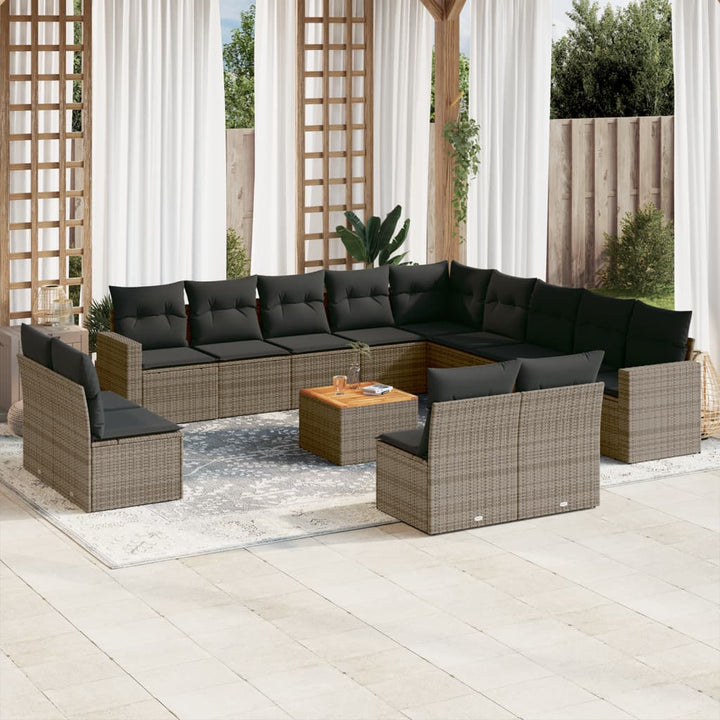 14-tlg. Garten-Sofagarnitur mit Kissen Grau Poly Rattan