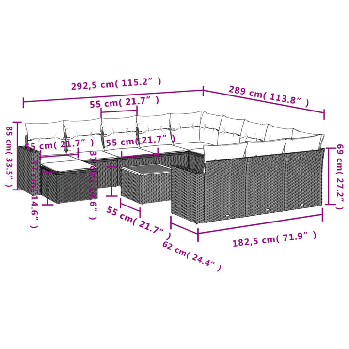 13-tlg. Garten-Sofagarnitur mit Kissen Schwarz Poly Rattan