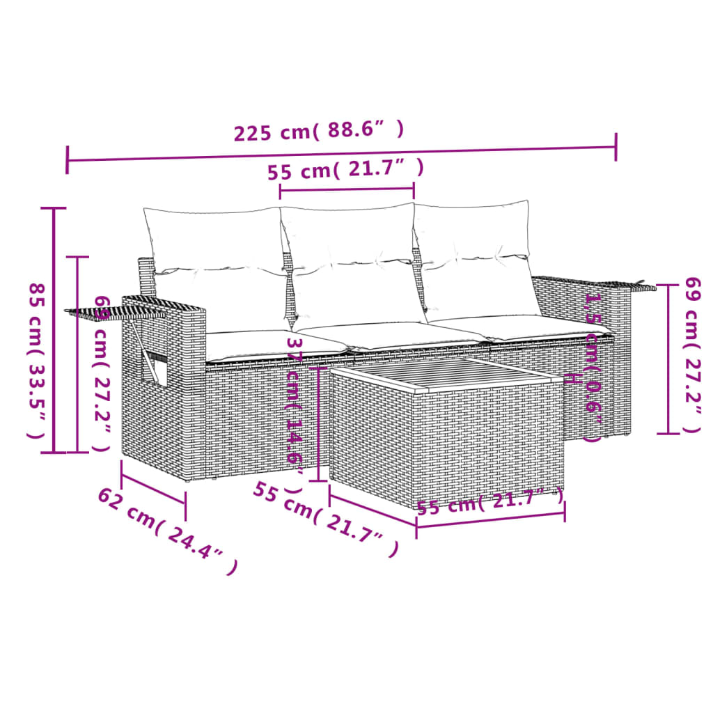 4-tlg. Garten-Sofagarnitur mit Kissen Schwarz Poly Rattan