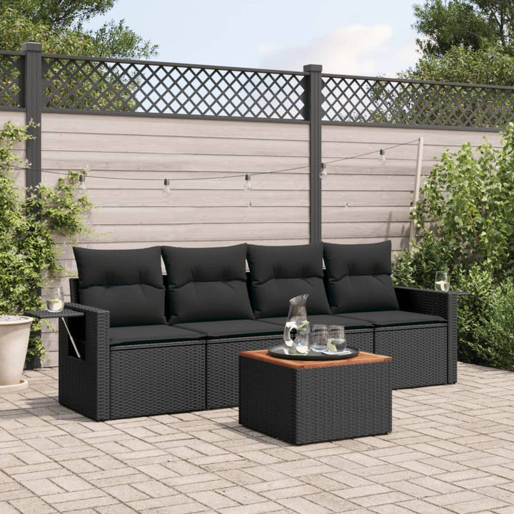 5-tlg. Garten-Sofagarnitur mit Kissen Schwarz Poly Rattan