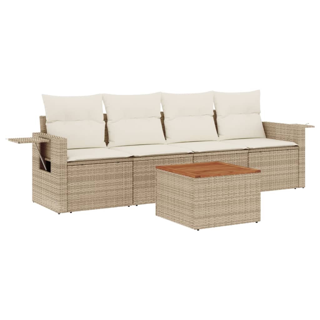 5-tlg. Garten-Sofagarnitur mit Kissen Beige Poly Rattan