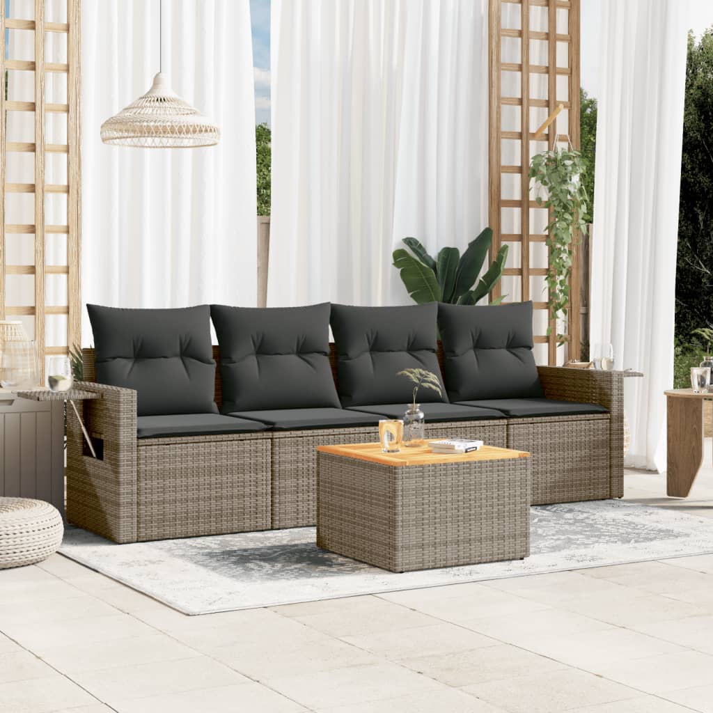 5-tlg. Garten-Sofagarnitur mit Kissen Grau Poly Rattan