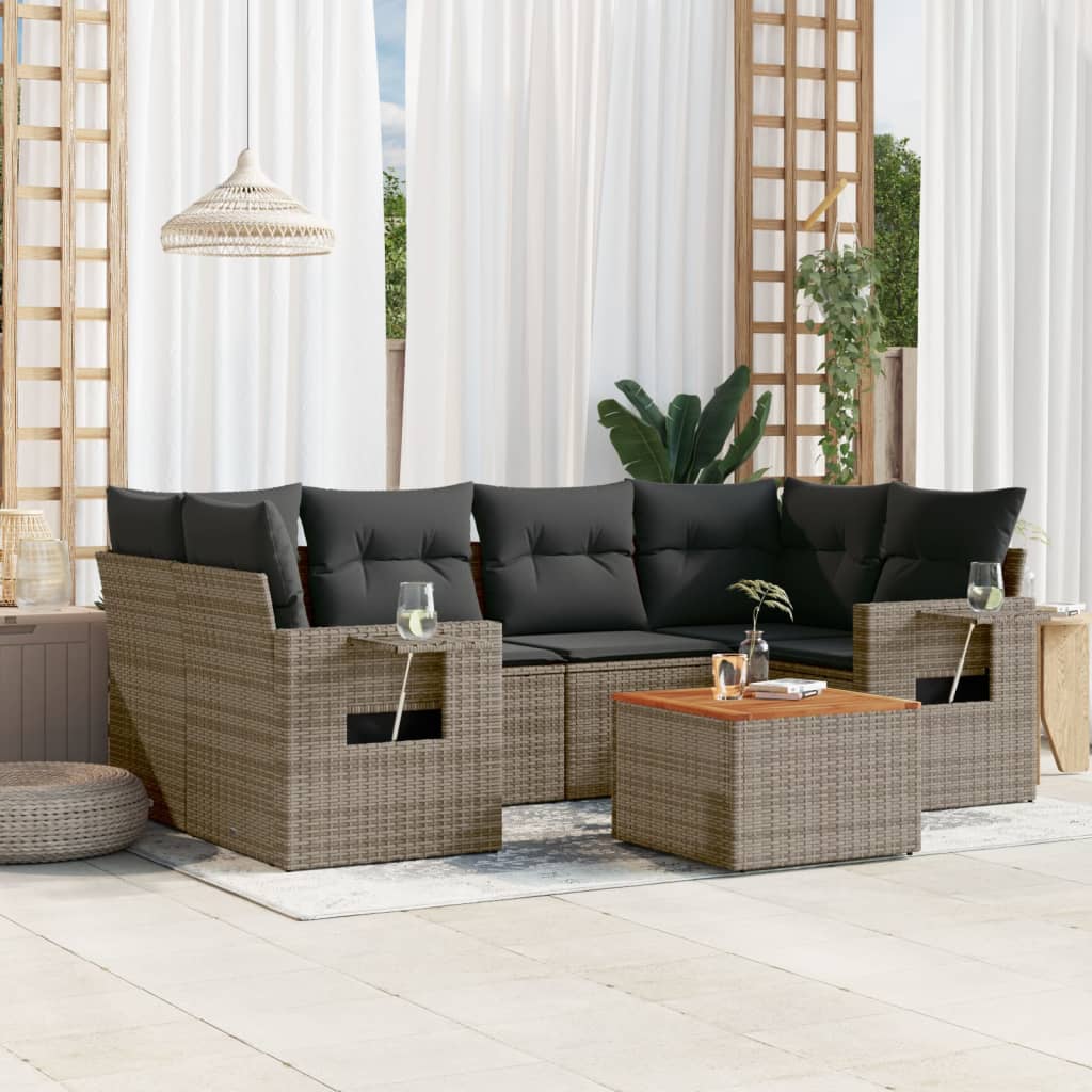 7-tlg. Garten-Sofagarnitur mit Kissen Grau Poly Rattan