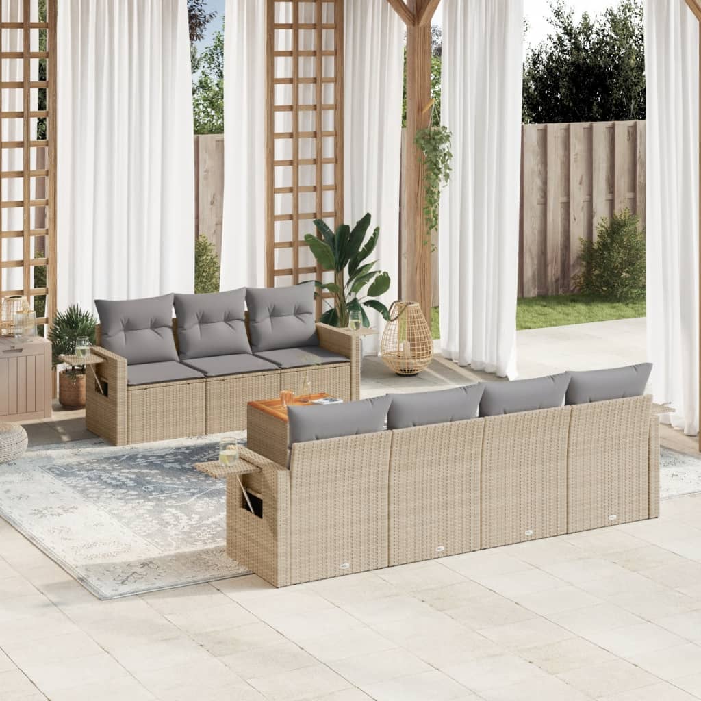 8-tlg. Garten-Sofagarnitur mit Kissen Beige Poly Rattan