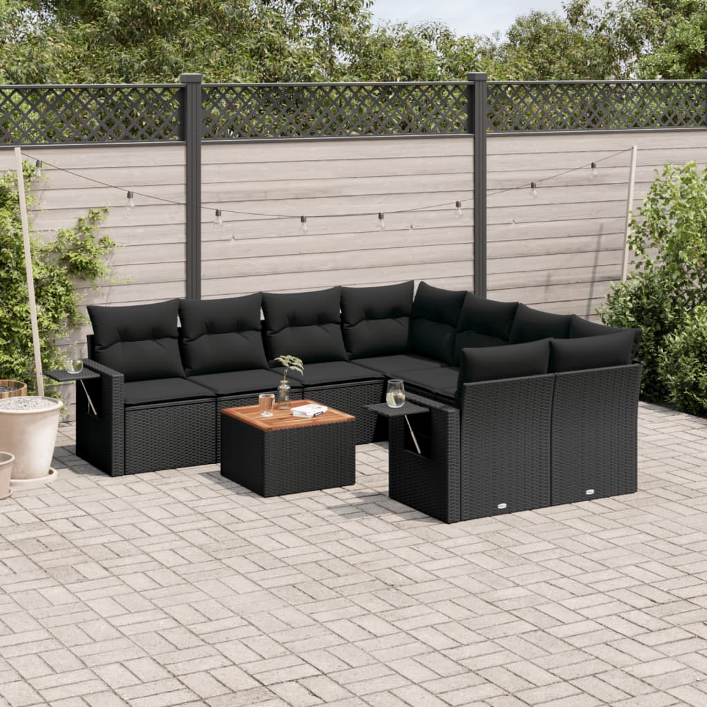 9-tlg. Garten-Sofagarnitur mit Kissen Schwarz Poly Rattan