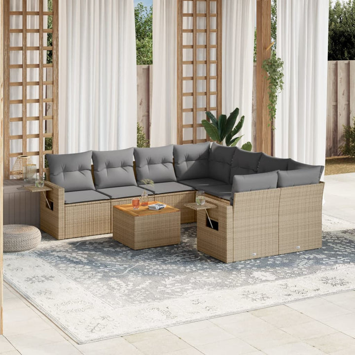 9-tlg. Garten-Sofagarnitur mit Kissen Beige Poly Rattan