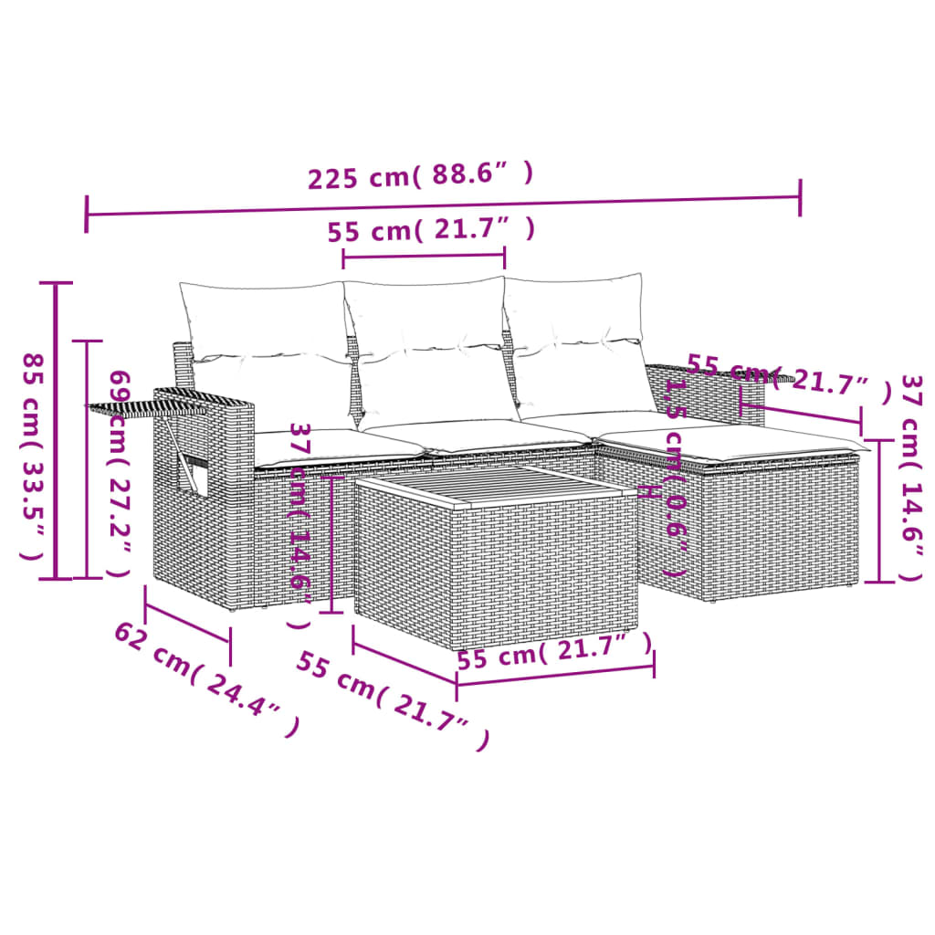 5-tlg. Garten-Sofagarnitur mit Kissen Schwarz Poly Rattan