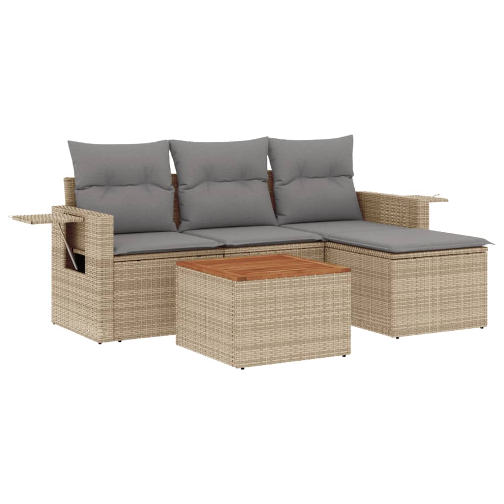 5-tlg. Garten-Sofagarnitur mit Kissen Beige Poly Rattan