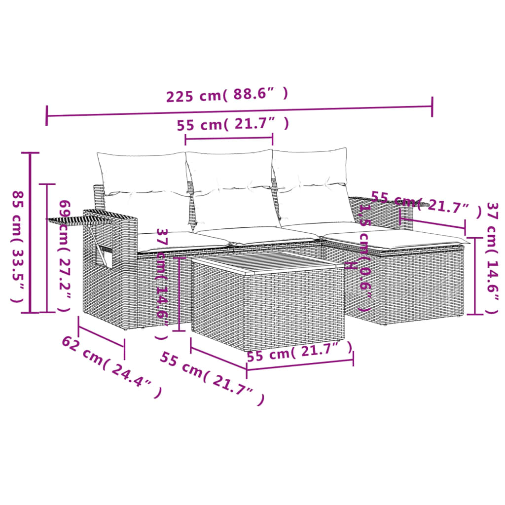 5-tlg. Garten-Sofagarnitur mit Kissen Grau Poly Rattan