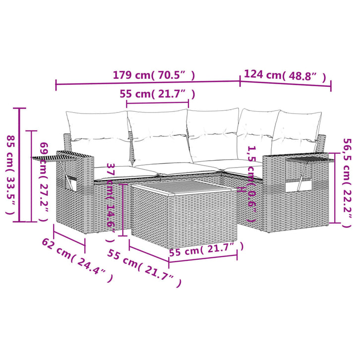 5-tlg. Garten-Sofagarnitur mit Kissen Beige Poly Rattan