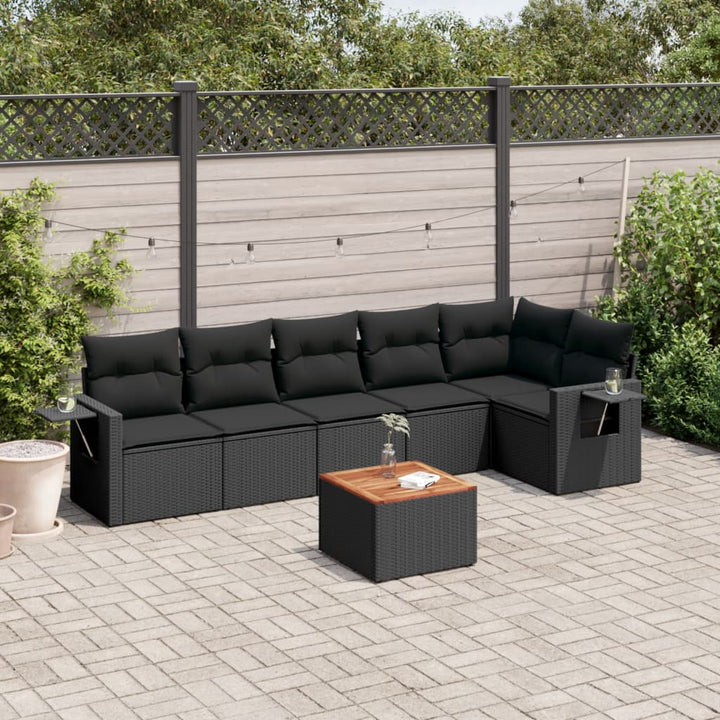 7-tlg. Garten-Sofagarnitur mit Kissen Schwarz Poly Rattan